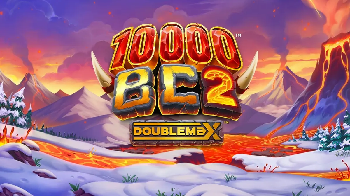 Tampilan visual slot 10000 BC DoubleMax 2 dengan tema gunung berapi dan mamut.