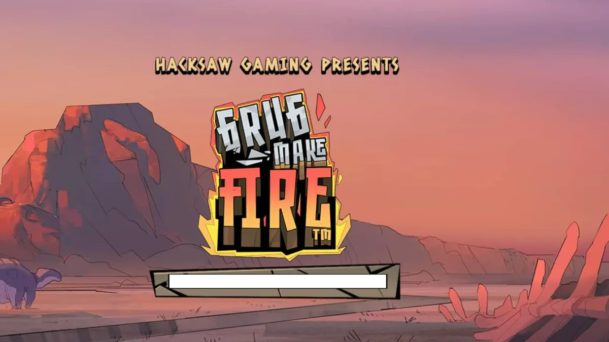 Tampilan layar permainan slot Grug Make Fire oleh Hacksaw Gaming, menampilkan manusia gua Grug dengan latar belakang prasejarah yang menyala.